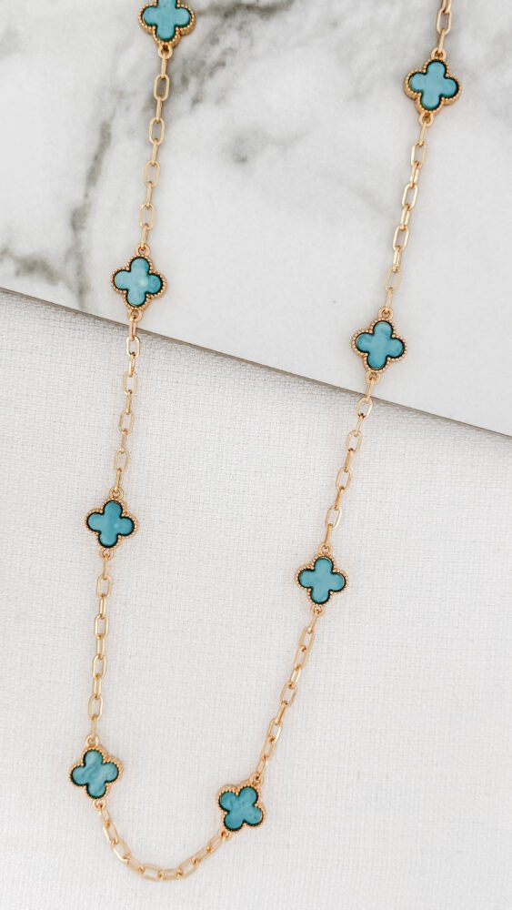 Envy 3547 Long Necklace with Clover Detail in Pink Green Blue Glam and Grace