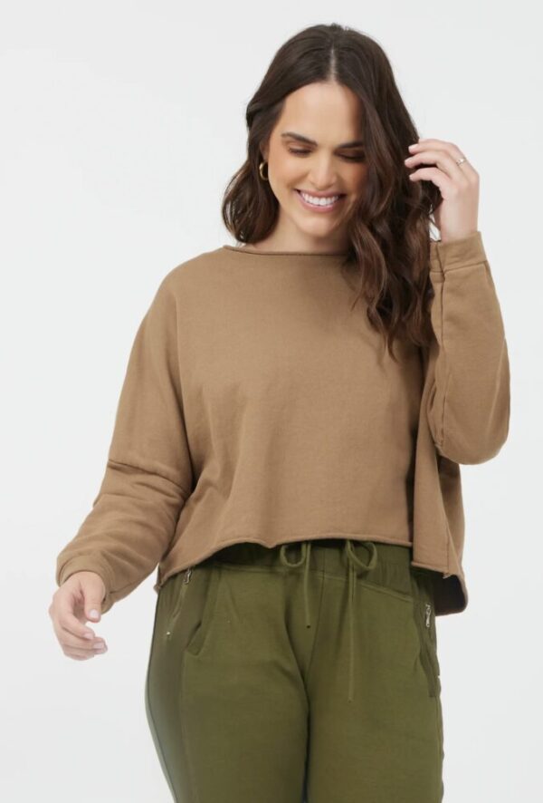 Suzy D Maeve Cropped Raw Edge Sweatshirt in Military Green - Image 4