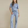 Red Button Victoria Denim Blouse - Light Stone