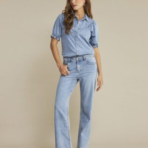 Red Button Victoria Denim Blouse - Light Stone