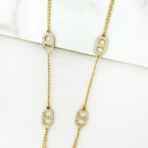 Envy 4302 Long gold necklace with oval diamante detail