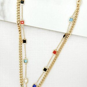 Envy 4309 Short gold layered t-bar necklace with multi colour glass detail