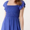 Ivy Plain Square Neck Shirred Dress in Blue & Green - Image 7