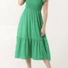 Ivy Plain Square Neck Shirred Dress in Blue & Green