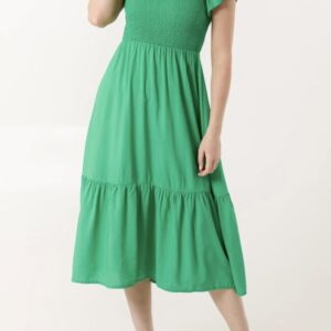 Ivy Plain Square Neck Shirred Dress in Blue & Green