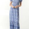 Leona Ikat Print Shirred Maxi Dress in Red & Blue - Image 9