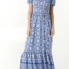 Leona Ikat Print Shirred Maxi Dress in Red & Blue - Image 8
