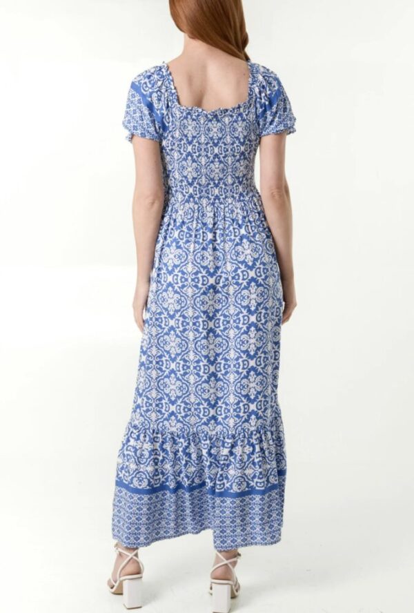 Leona Ikat Print Shirred Maxi Dress in Red & Blue - Image 6
