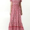 Leona Ikat Print Shirred Maxi Dress in Red & Blue