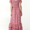 Leona Ikat Print Shirred Maxi Dress in Red & Blue - Image 2