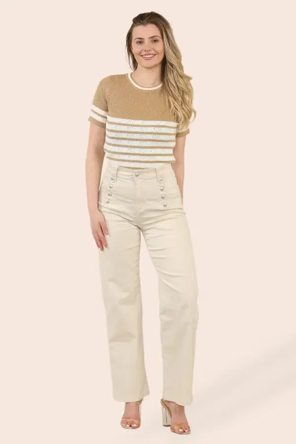 Allegra Button Jeans in White & Stone
