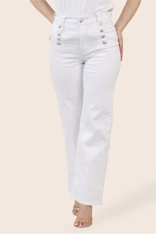 Allegra Button Jeans in White & Beige