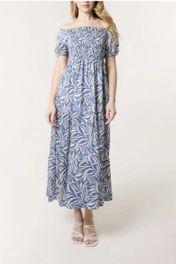 Elin Leaf Print Bardot Shirred Dress