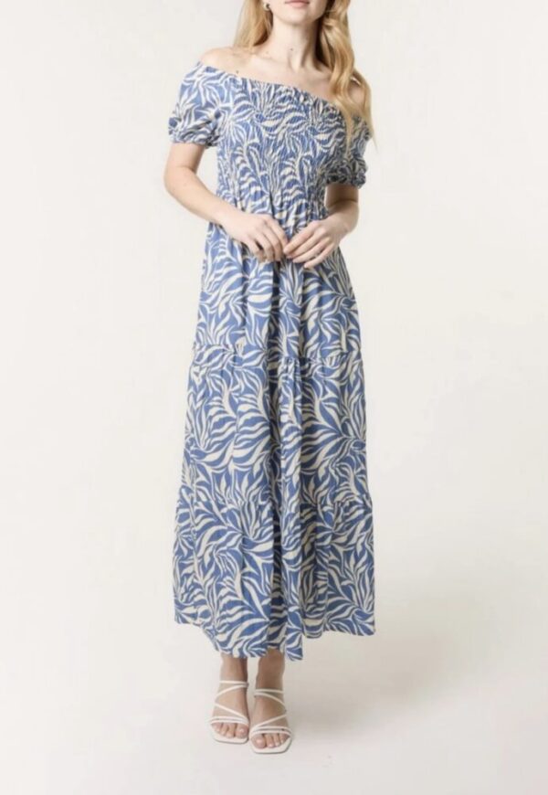 Elin Leaf Print Bardot Shirred Dress - Image 2