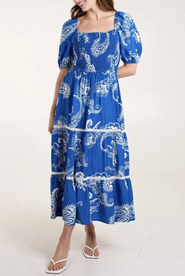 Frida Paisley Print Shirred Square Neck Dress in Green & Blue - Image 9