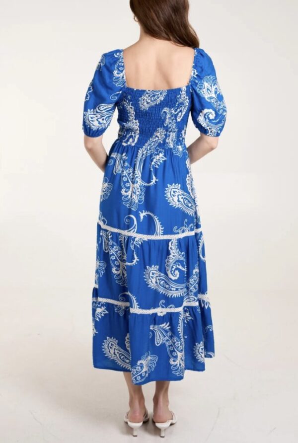 Frida Paisley Print Shirred Square Neck Dress in Green & Blue - Image 7