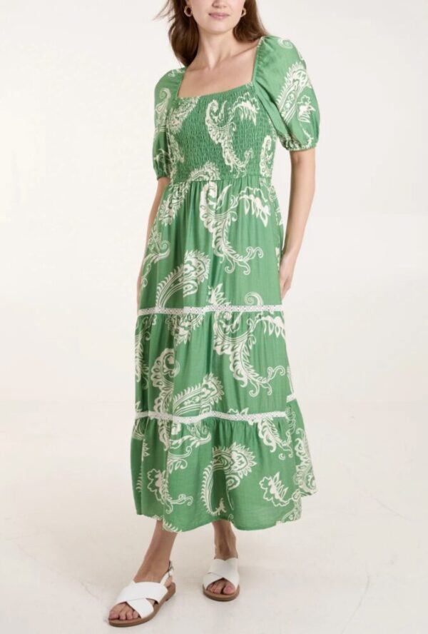 Frida Paisley Print Shirred Square Neck Dress in Green & Blue - Image 5