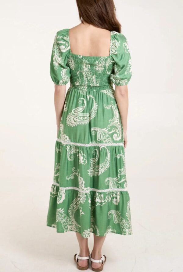 Frida Paisley Print Shirred Square Neck Dress in Green & Blue - Image 3