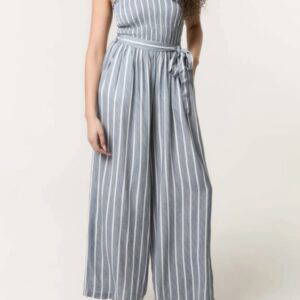 Lydia Shirred Pinstripe Tie Neck Jumpsuit