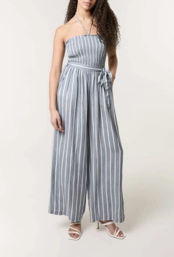 Lydia Shirred Pinstripe Tie Neck Jumpsuit