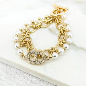 Envy 4527 Gold Pearl & Diamante T-Bar Bracelet