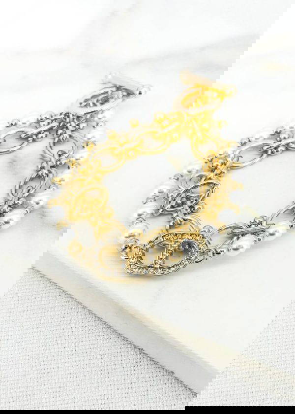 Envy 4527 Gold Pearl & Diamante T-Bar Bracelet