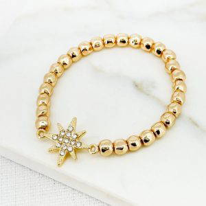 Envy 4530 Stretchy Gold Beaded Bracelet with Diamante Detail