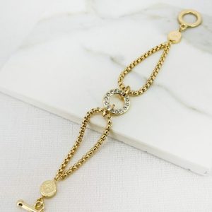 Envy 4538 Gold T-Bar Bracelet with Diamante Detail