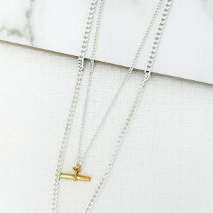Envy 4583 Double Chain necklace with T-bar pendant in gold & silver