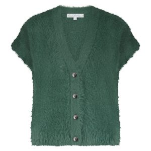Red Button Sleeveless Fuzzy Cardigan