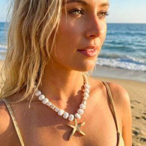 Envy 4740 Short Beaded Starfish Necklace in White & Grey