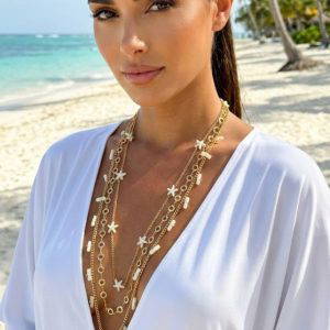 Envy 4876 Long Layered Cream & Gold Necklace