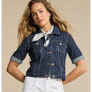 Red Button Jackie Short Sleeve Denim Pinstripe Jacket