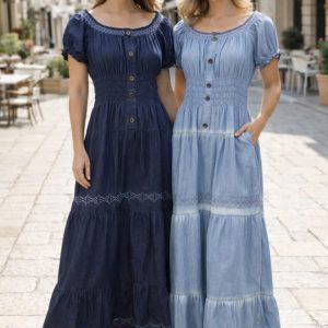 Cherry Denim Embroidered Bardot Maxi Dress