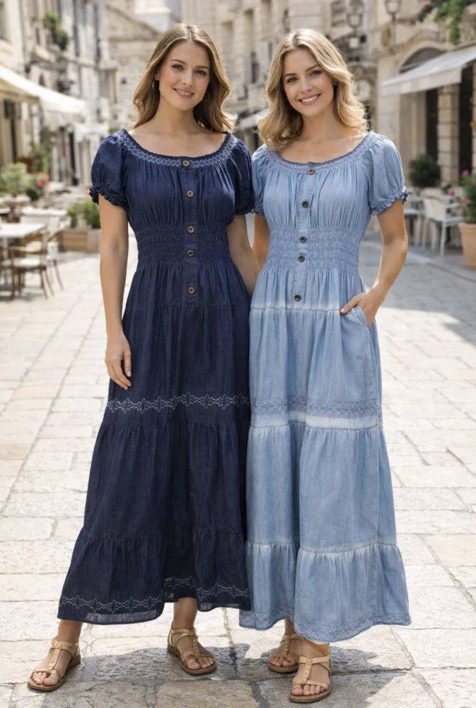 Cherry Denim Embroidered Bardot Maxi Dress