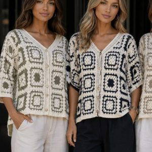 Camilla Gold Button Tonal Crochet Cardigan