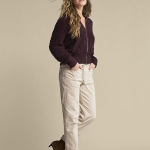 Red Button Bomber Knit Boucle Jacket