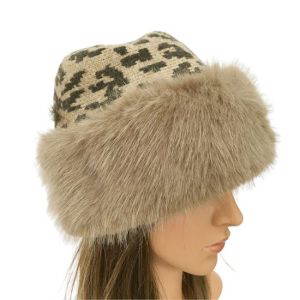 Leo Print Hat with Faux Fur Trim